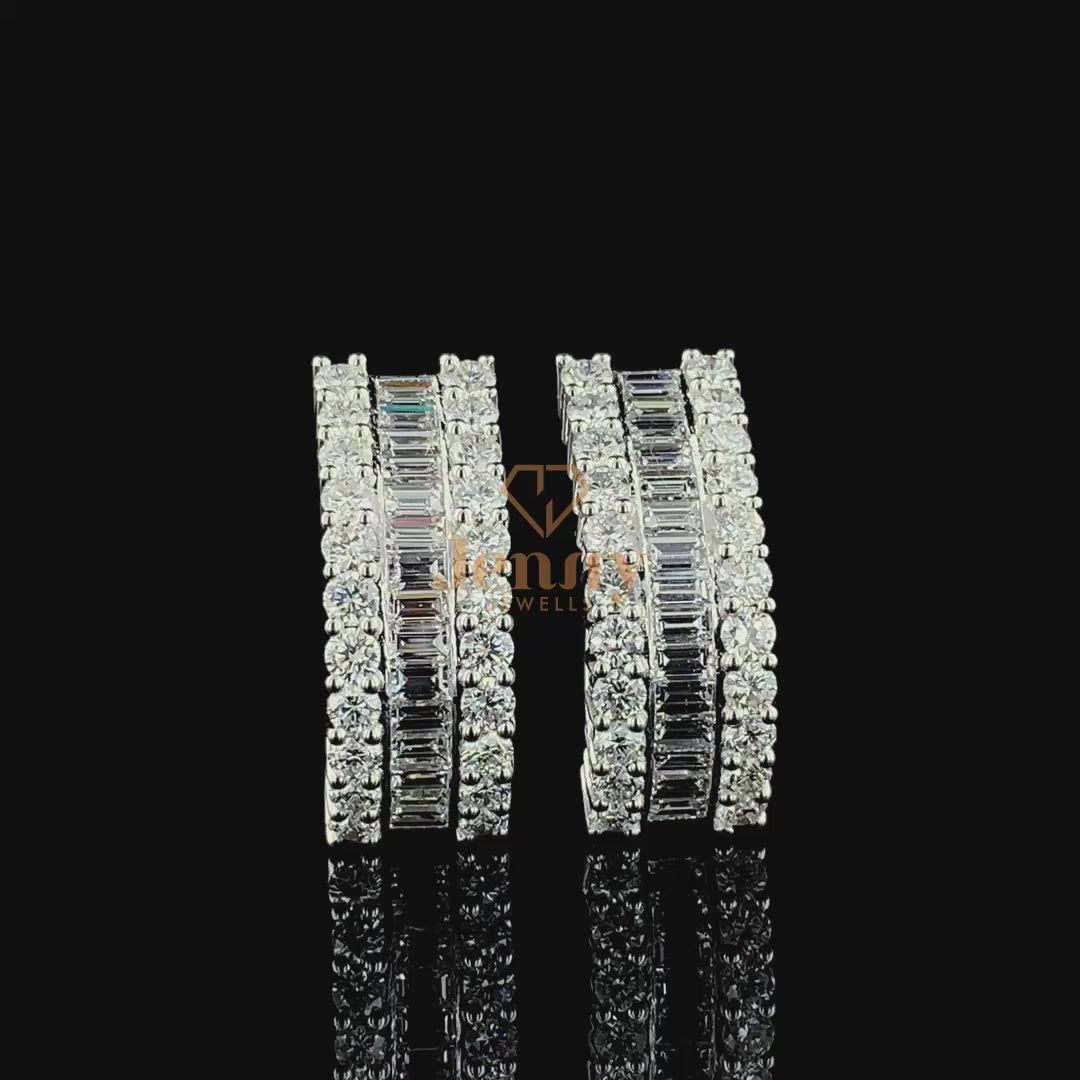 Royal Earrings with baguette and round-cut diamonds set in white, yellow, or rose gold. A luxurious and timeless jewelry piece designed for elegance and sophistication.
