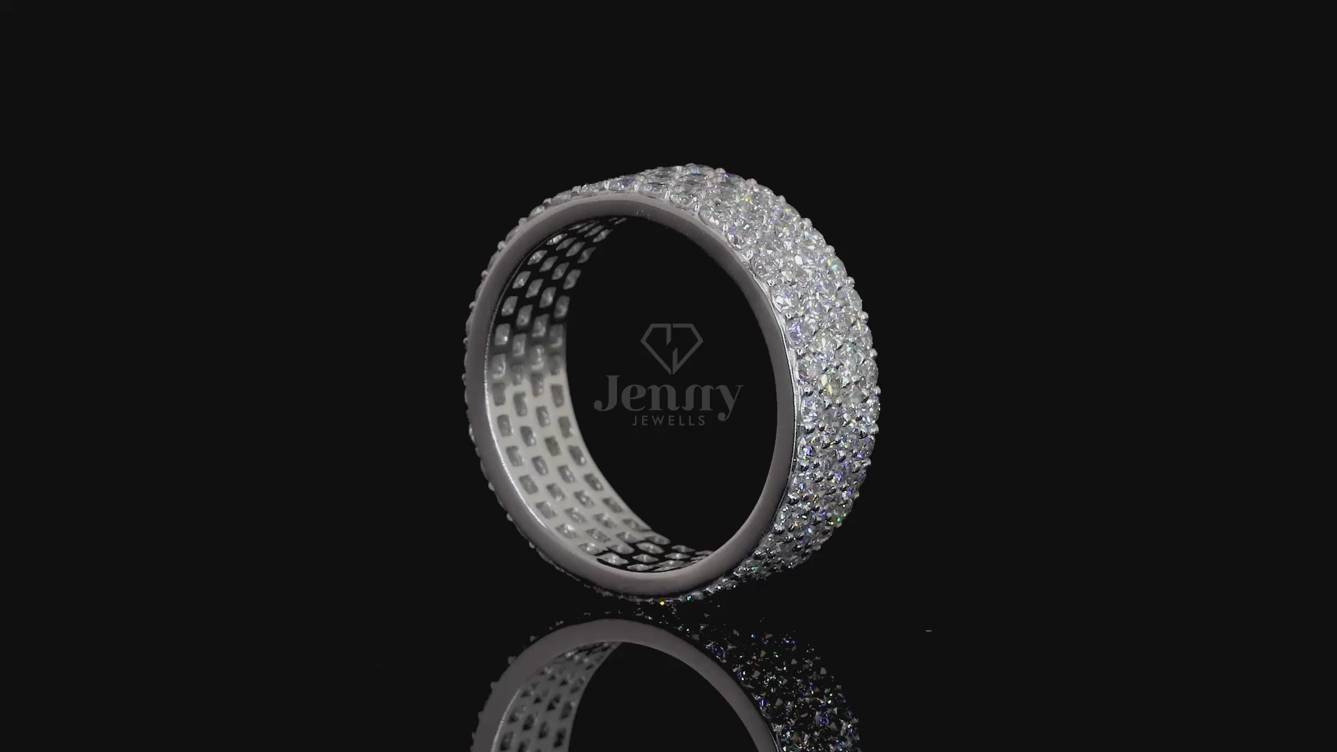 Men’s diamond band with 4 rows of diamonds, 160 stones, 2.25 carats in white, rose, or yellow gold
